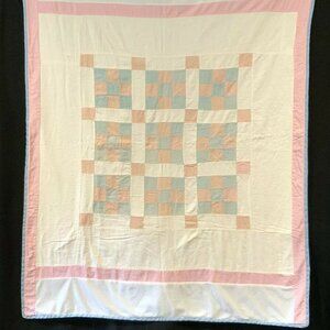 Handmade Baby Quilt Pastel Pink & Blue Patchwork Flannel Soft 38x47